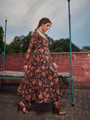 Women Black Floral Anarkali Kurta With Straight Pants-SHSET96266