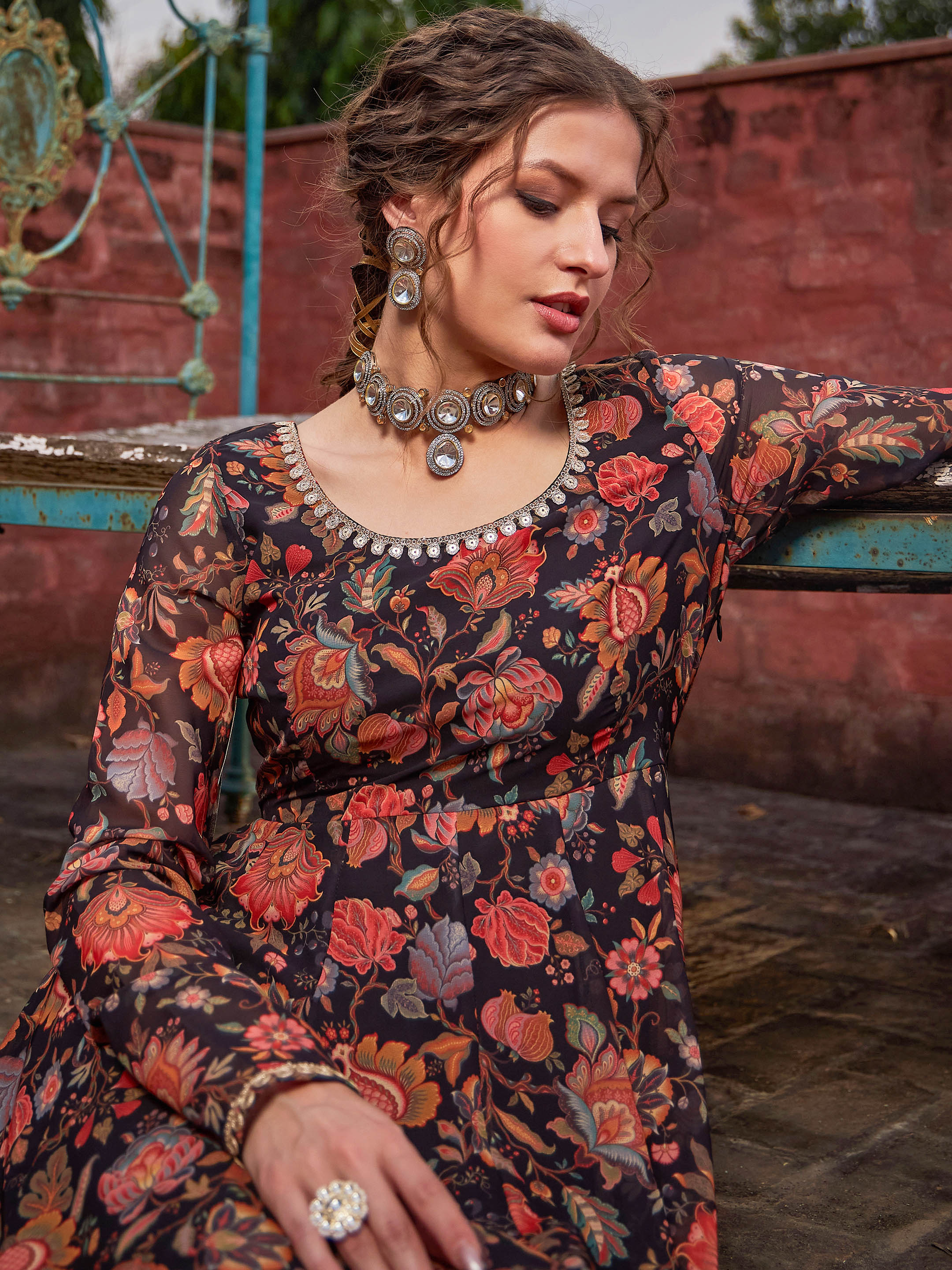 Women Black Floral Anarkali Kurta With Straight Pants-SHSET96266