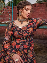 Women Black Floral Anarkali Kurta With Straight Pants-SHSET96266