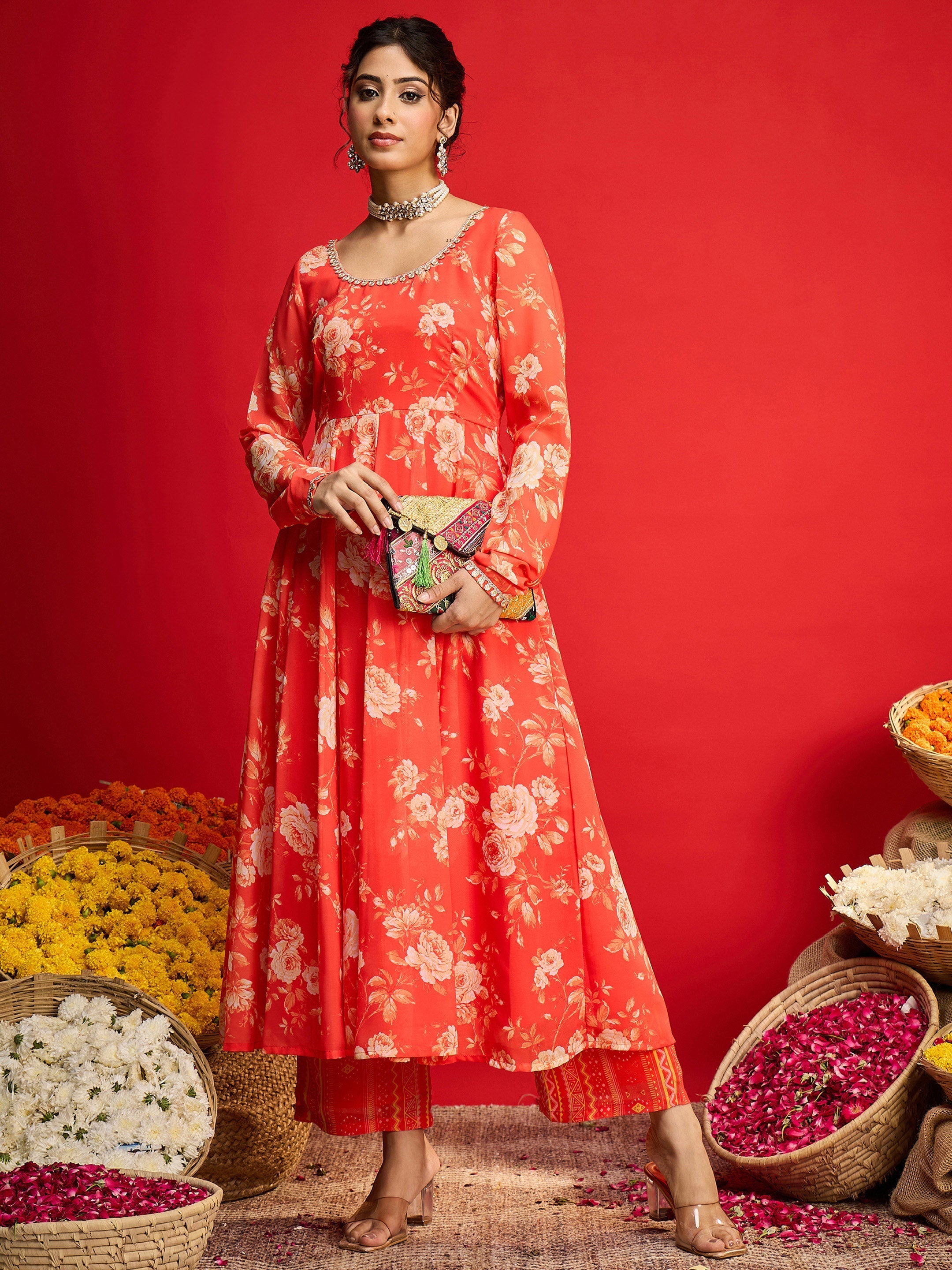 Women Orange Floral Anarkali Kurta With Straight Pants-SHSET96267