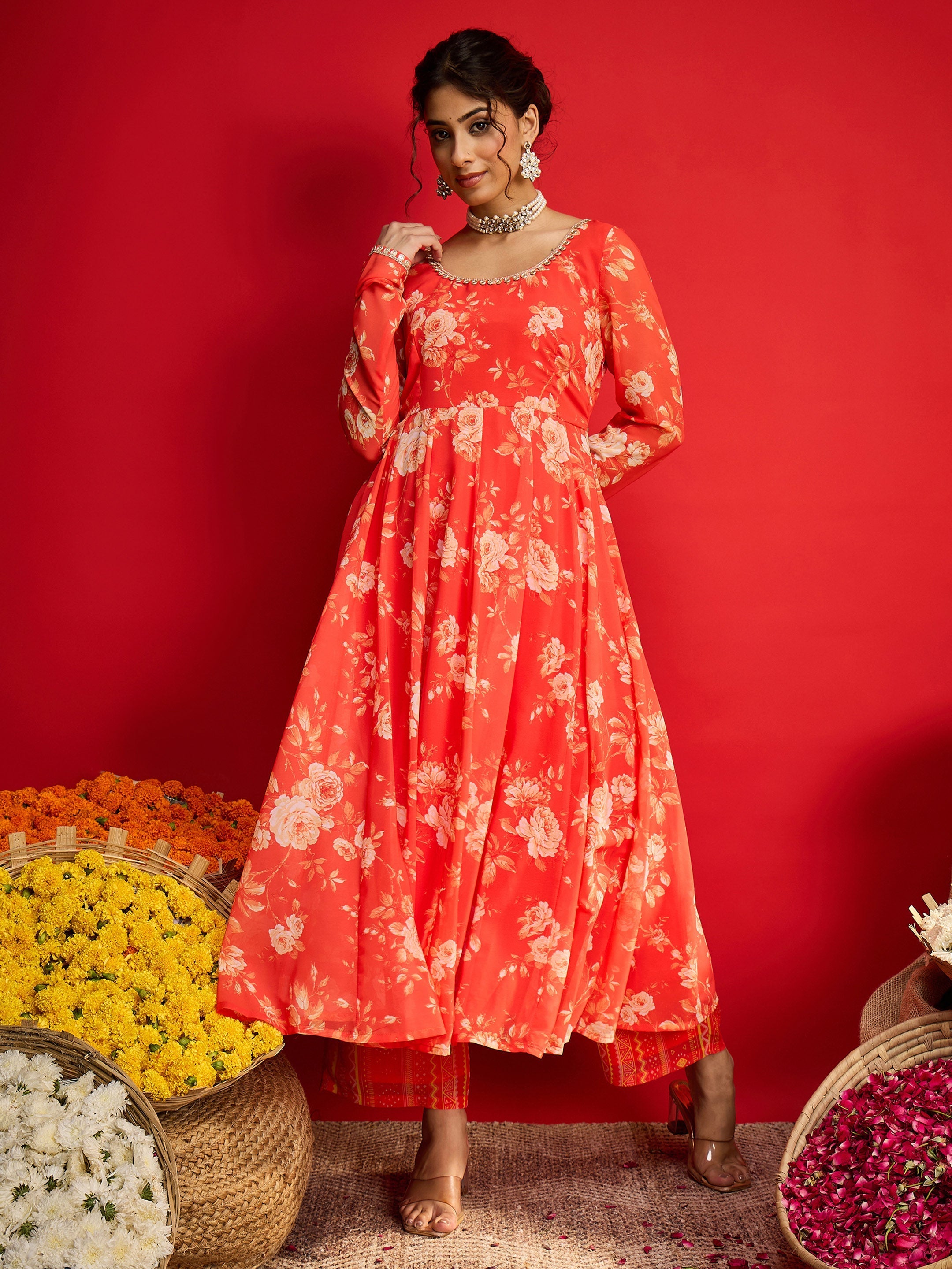 Women Orange Floral Anarkali Kurta With Straight Pants-SHSET96267