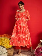 Women Orange Floral Anarkali Kurta With Straight Pants-SHSET96267