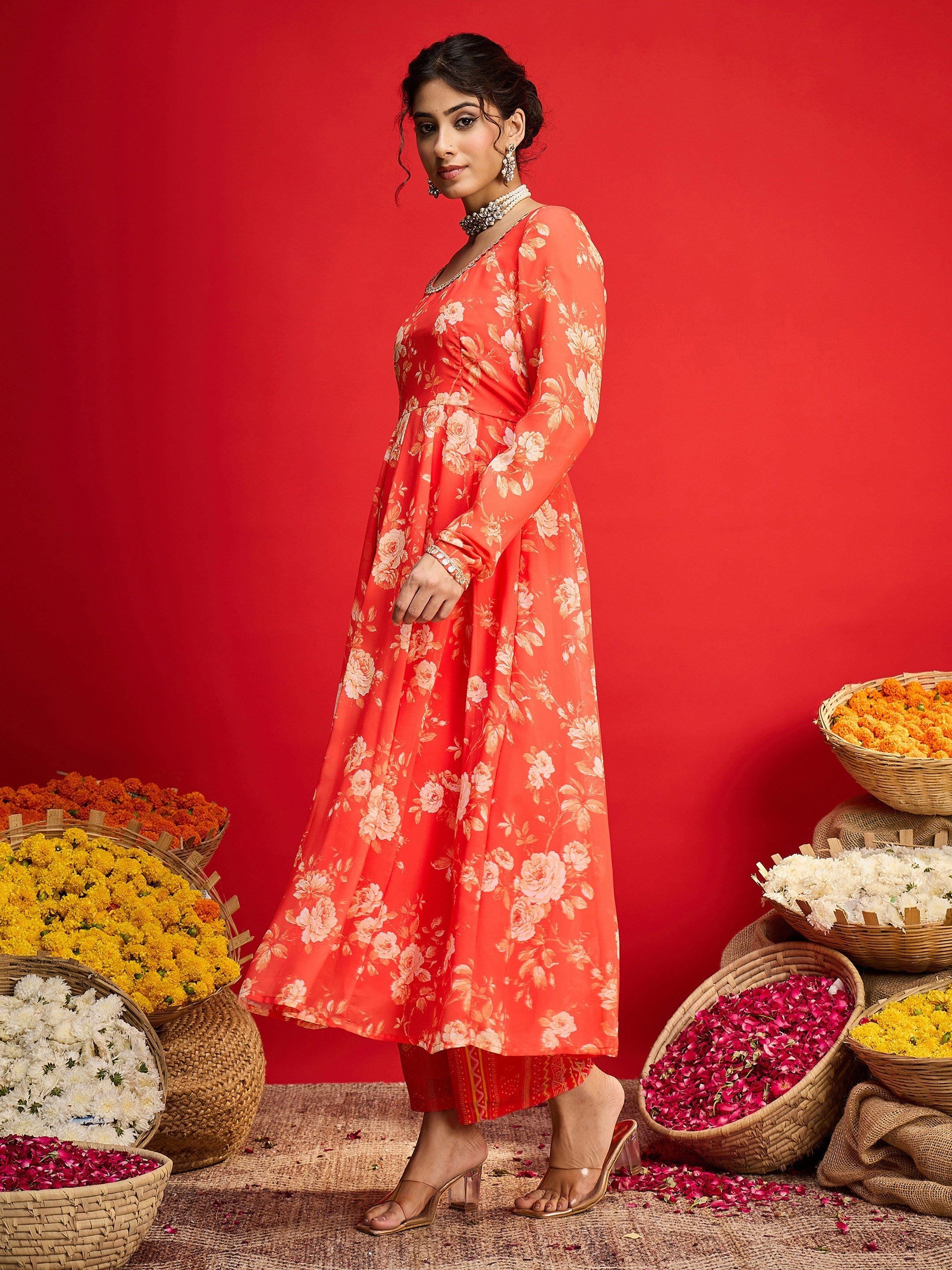 Women Orange Floral Anarkali Kurta With Straight Pants-SHSET96267