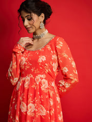 Women Orange Floral Anarkali Kurta With Straight Pants-SHSET96267