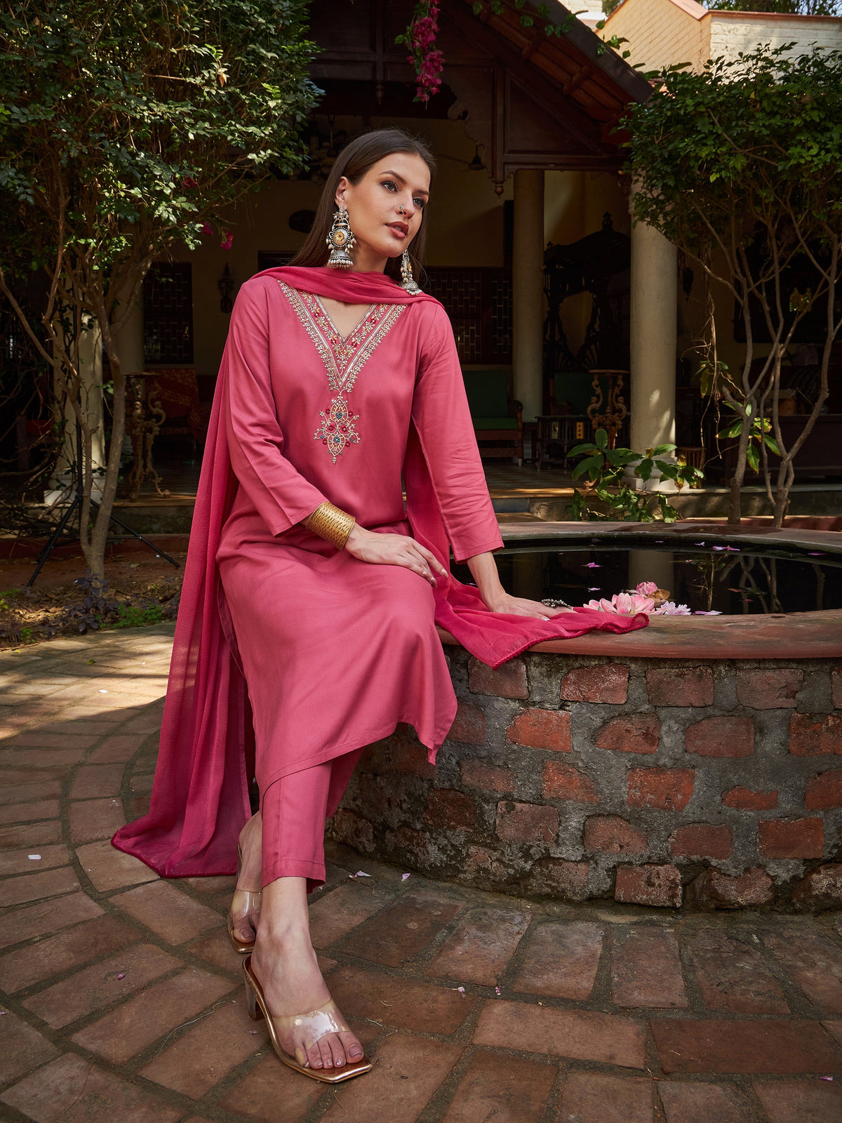 Women Pink Rayon Embroidered Kurta With Pencil Pants & Dupatta-SHSET96269