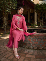 Women Pink Rayon Embroidered Kurta With Pencil Pants & Dupatta-SHSET96269