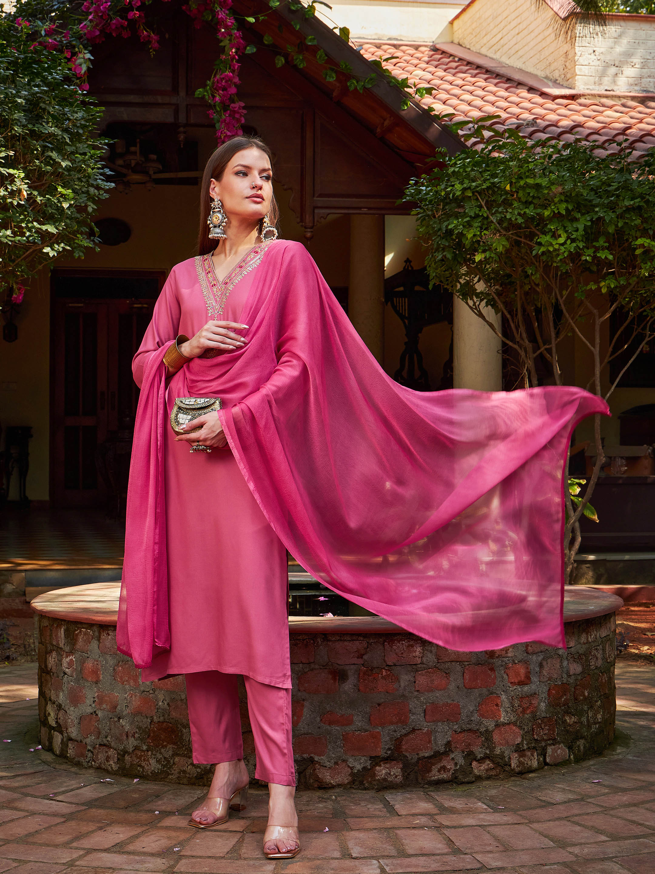 Women Pink Rayon Embroidered Kurta With Pencil Pants & Dupatta-SHSET96269