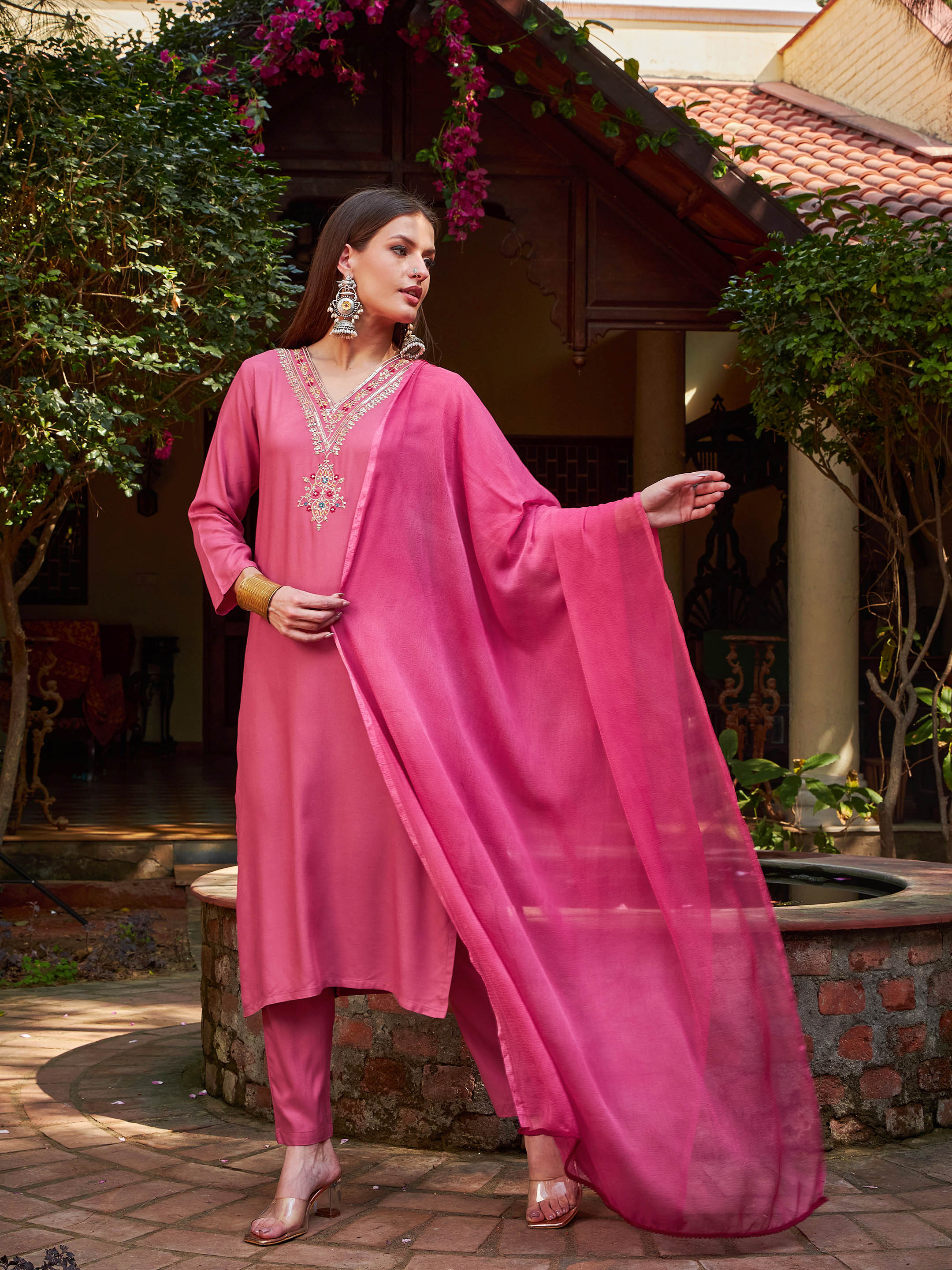 Women Pink Rayon Embroidered Kurta With Pencil Pants & Dupatta-SHSET96269