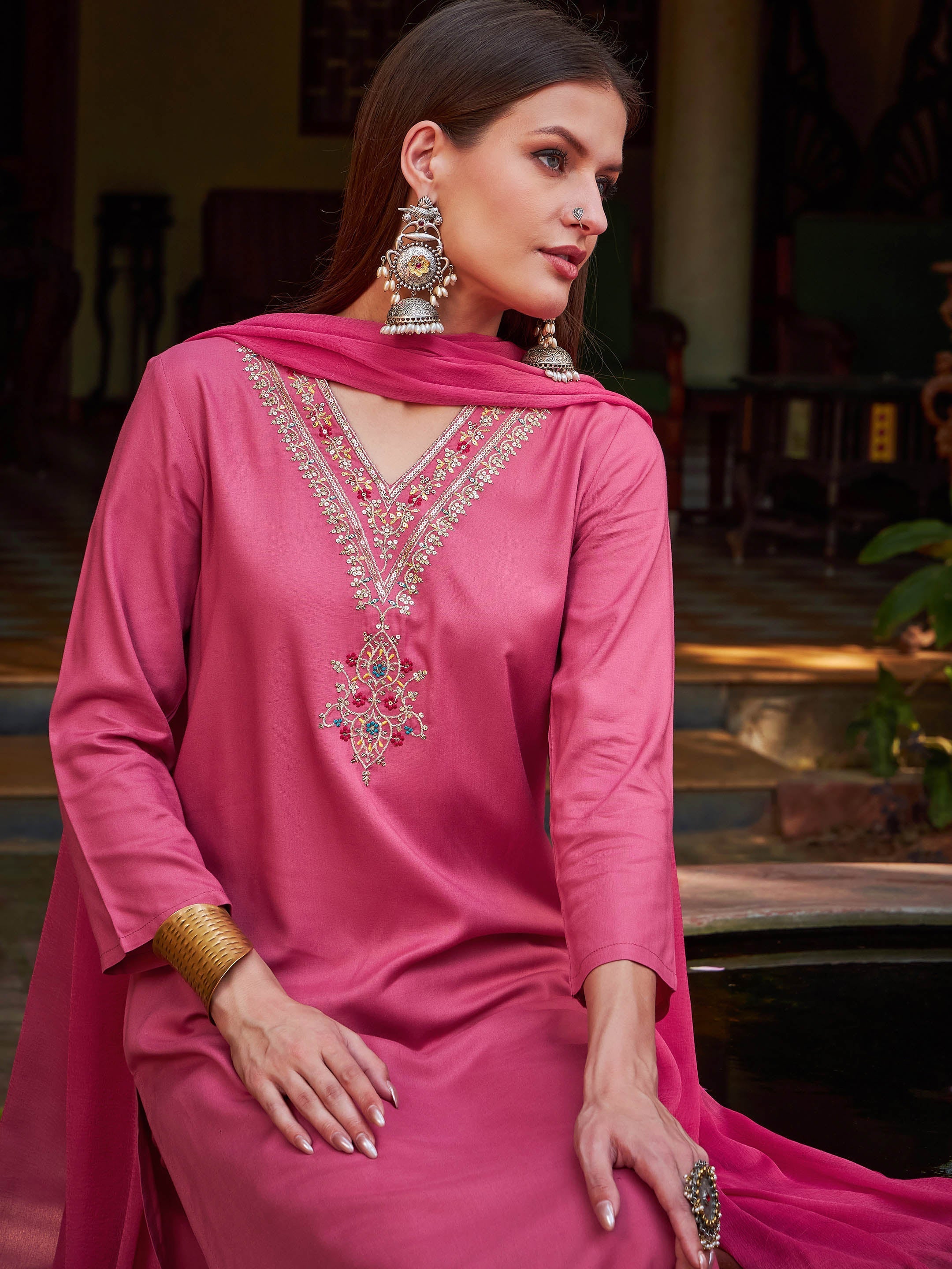 Women Pink Rayon Embroidered Kurta With Pencil Pants & Dupatta-SHSET96269
