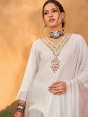 Women White Rayon Embroidered Kurta With Pencil Pants & Dupatta-SHSET96270