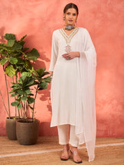 Women White Rayon Embroidered Kurta With Pencil Pants & Dupatta-SHSET96270