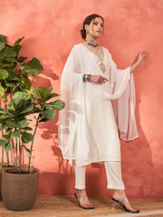 Women White Rayon Embroidered Kurta With Pencil Pants & Dupatta-SHSET96270