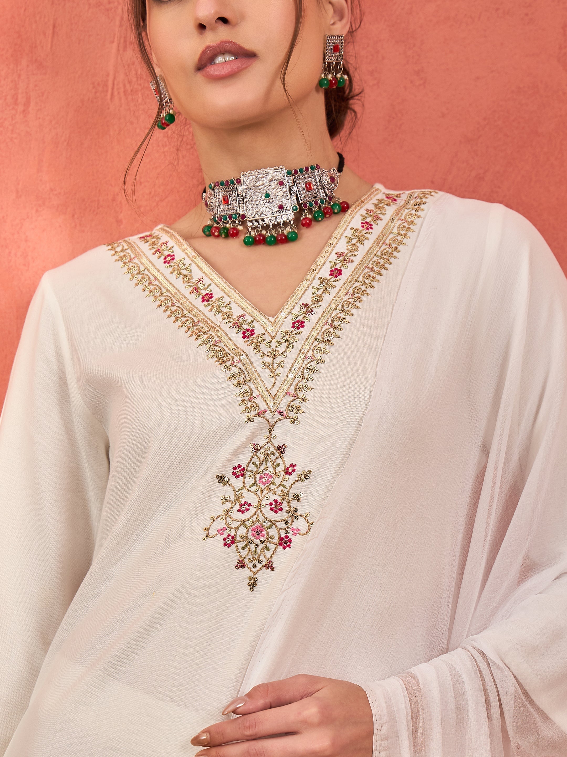 Women White Rayon Embroidered Kurta With Pencil Pants & Dupatta-SHSET96270