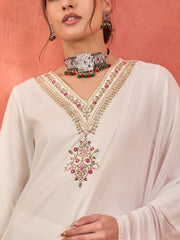 Women White Rayon Embroidered Kurta With Pencil Pants & Dupatta-SHSET96270