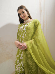 Women Green & White Floral Rayon Kurta With Salwar & Dupatta-SHSET96277