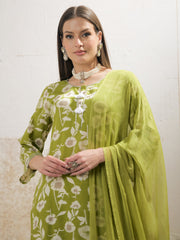 Women Green & White Floral Rayon Kurta With Salwar & Dupatta-SHSET96277