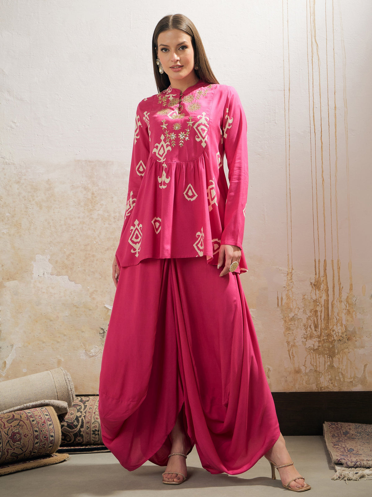 Women Pink Motif Embroidered Rayon Peplum Top With Solid Dhoti Skirt-SHSET96281