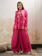Women Pink Motif Embroidered Rayon Peplum Top With Solid Dhoti Skirt-SHSET96281