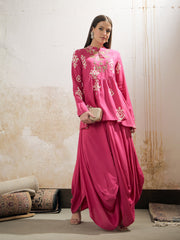 Women Pink Motif Embroidered Rayon Peplum Top With Solid Dhoti Skirt-SHSET96281