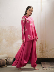 Women Pink Motif Embroidered Rayon Peplum Top With Solid Dhoti Skirt-SHSET96281