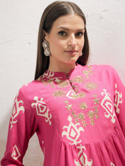 Women Pink Motif Embroidered Rayon Peplum Top With Solid Dhoti Skirt-SHSET96281