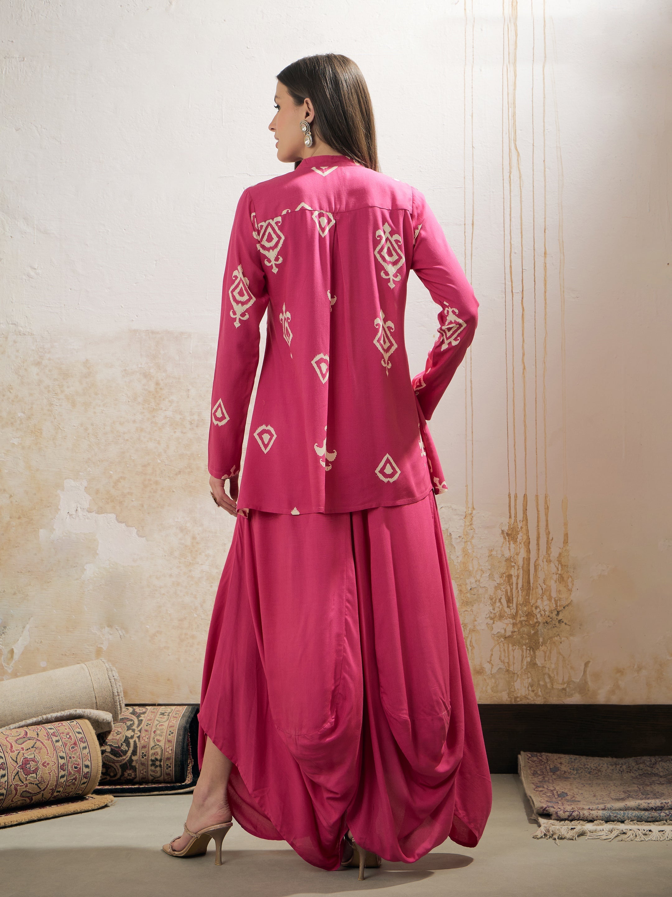 Women Pink Motif Embroidered Rayon Peplum Top With Solid Dhoti Skirt-SHSET96281
