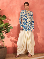 Women Blue Floral Embroidered Rayon Peplum Top With Solid Dhoti Skirt-SHSET96282