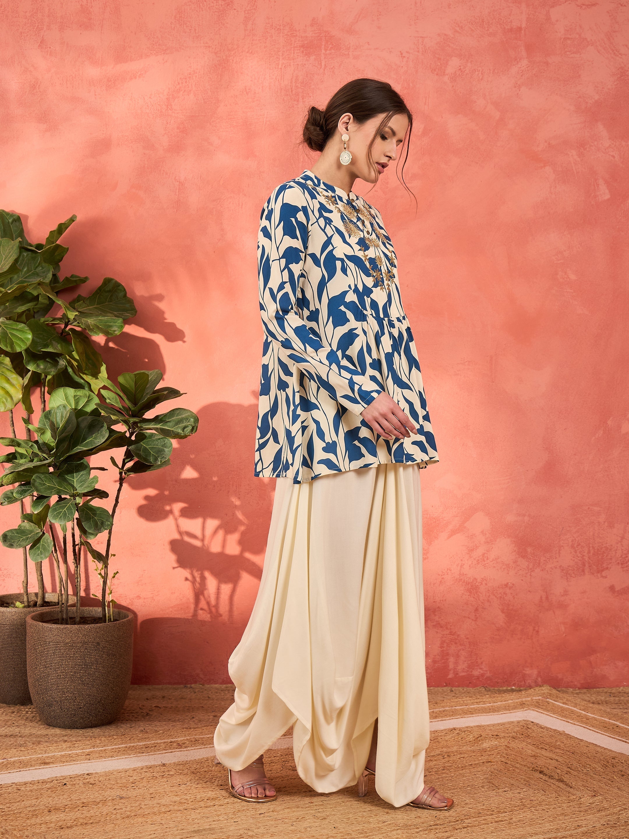 Women Blue Floral Embroidered Rayon Peplum Top With Solid Dhoti Skirt-SHSET96282