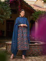 Women Navy Floral Front Dori Gathered Kurta With Pencil Pants & Dupatta-SHSET96295