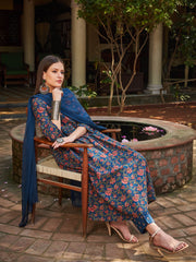 Women Navy Floral Front Dori Gathered Kurta With Pencil Pants & Dupatta-SHSET96295