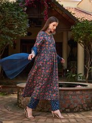 Women Navy Floral Front Dori Gathered Kurta With Pencil Pants & Dupatta-SHSET96295