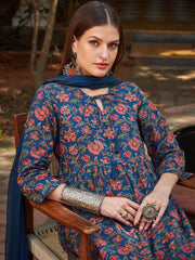 Women Navy Floral Front Dori Gathered Kurta With Pencil Pants & Dupatta-SHSET96295