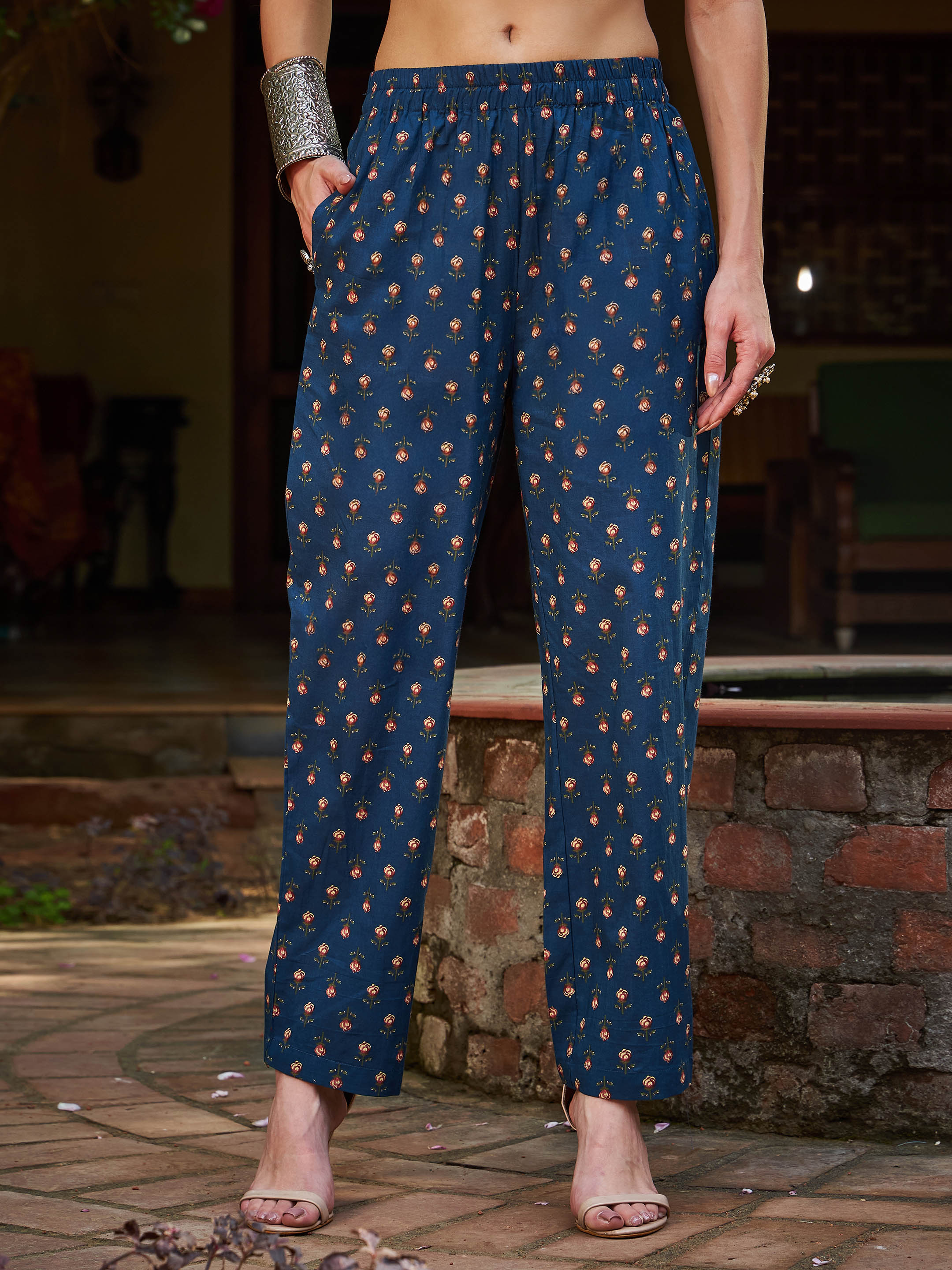 Women Navy Floral Front Dori Gathered Kurta With Pencil Pants & Dupatta-SHSET96295