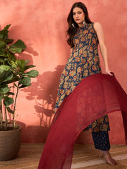 Women Navy Floral Sleeveless Kurta With Pencil Pants & Dupatta-SHSET96298