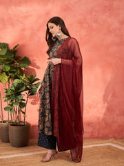 Women Navy Floral Sleeveless Kurta With Pencil Pants & Dupatta-SHSET96298