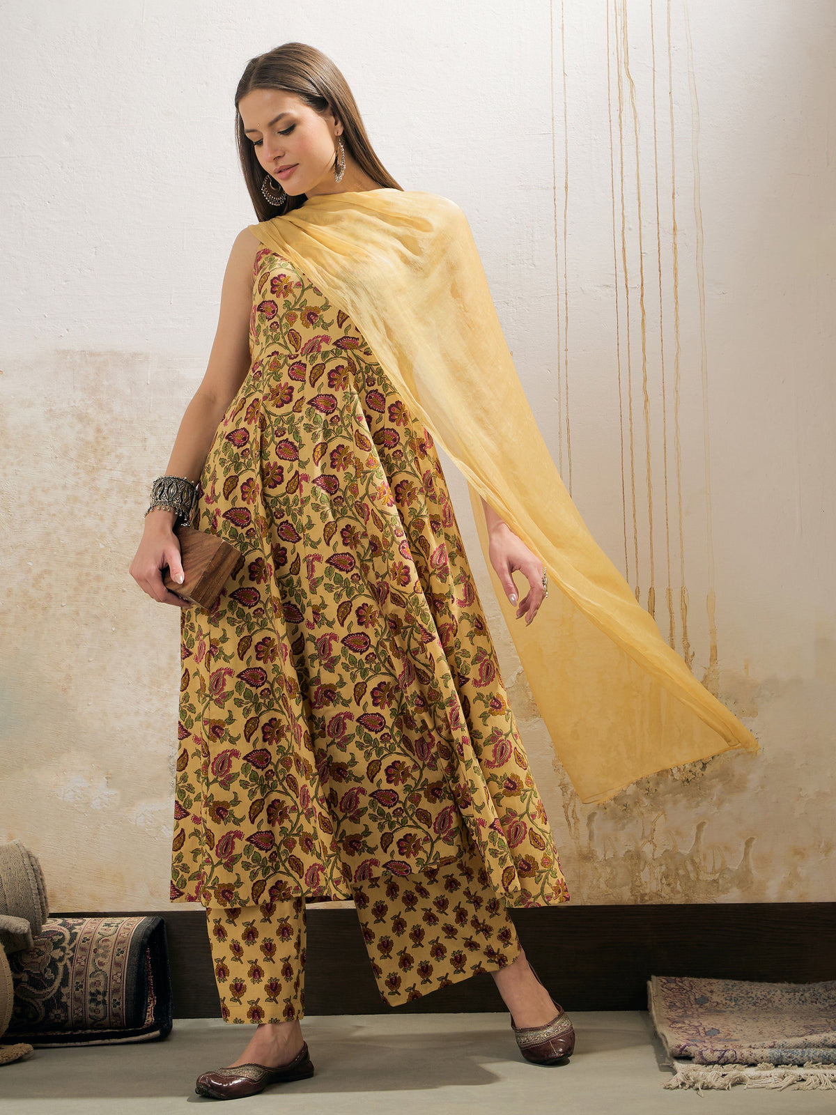 Women Yellow Floral Sleeveless Kurta With Pencil Pants & Dupatta-SHSET96299