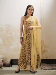 Women Yellow Floral Sleeveless Kurta With Pencil Pants & Dupatta-SHSET96299