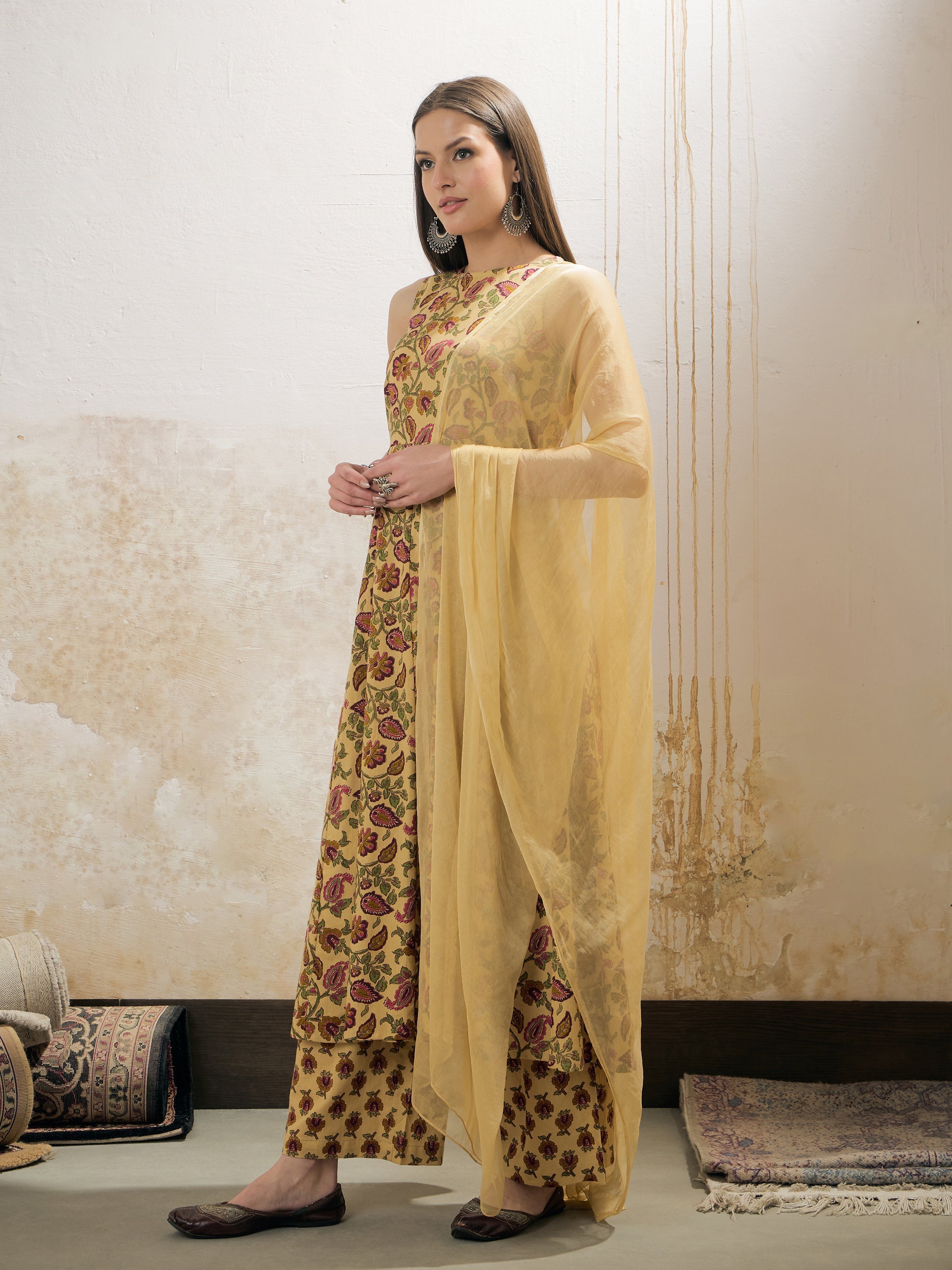 Women Yellow Floral Sleeveless Kurta With Pencil Pants & Dupatta-SHSET96299