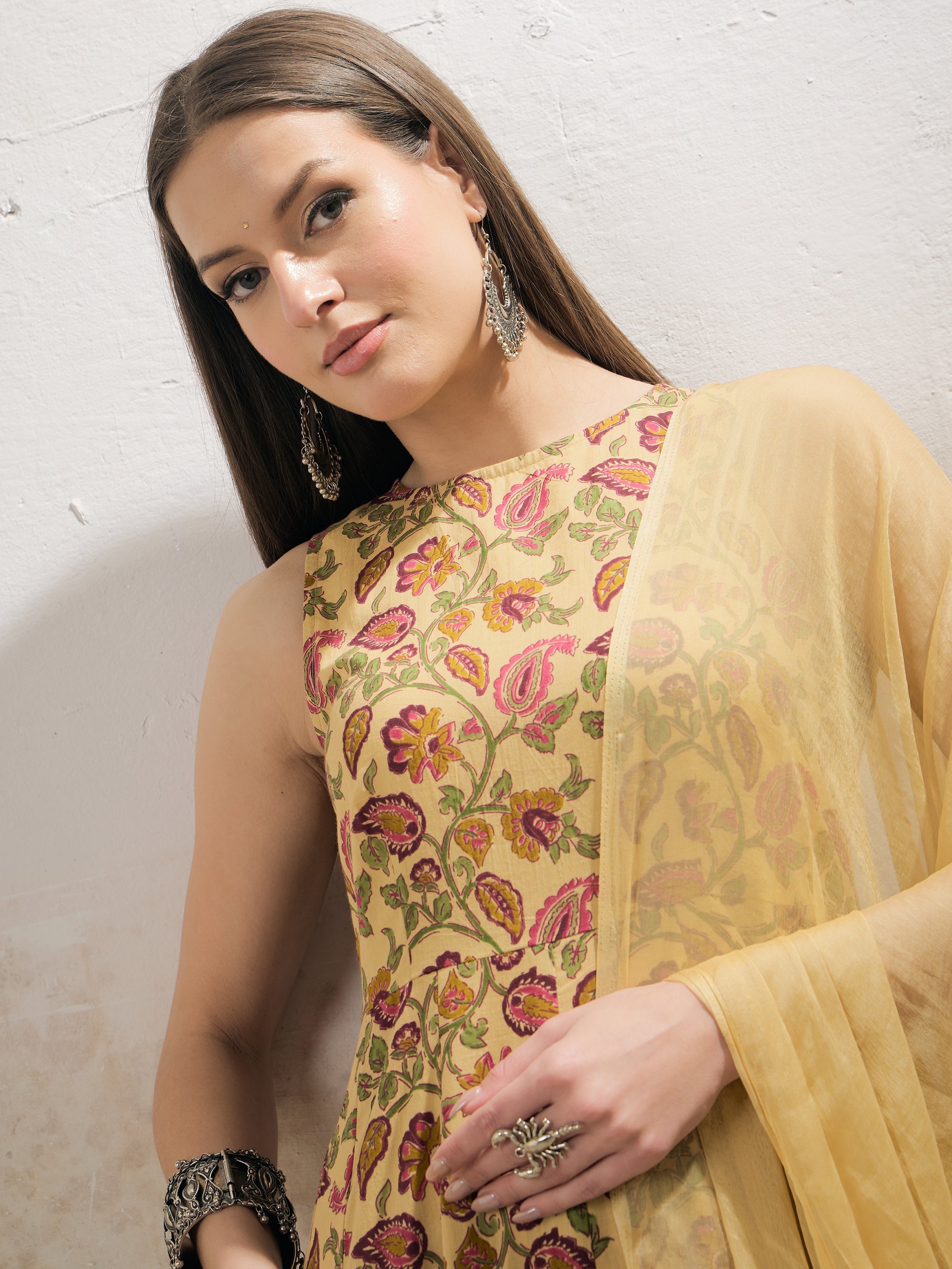 Women Yellow Floral Sleeveless Kurta With Pencil Pants & Dupatta-SHSET96299