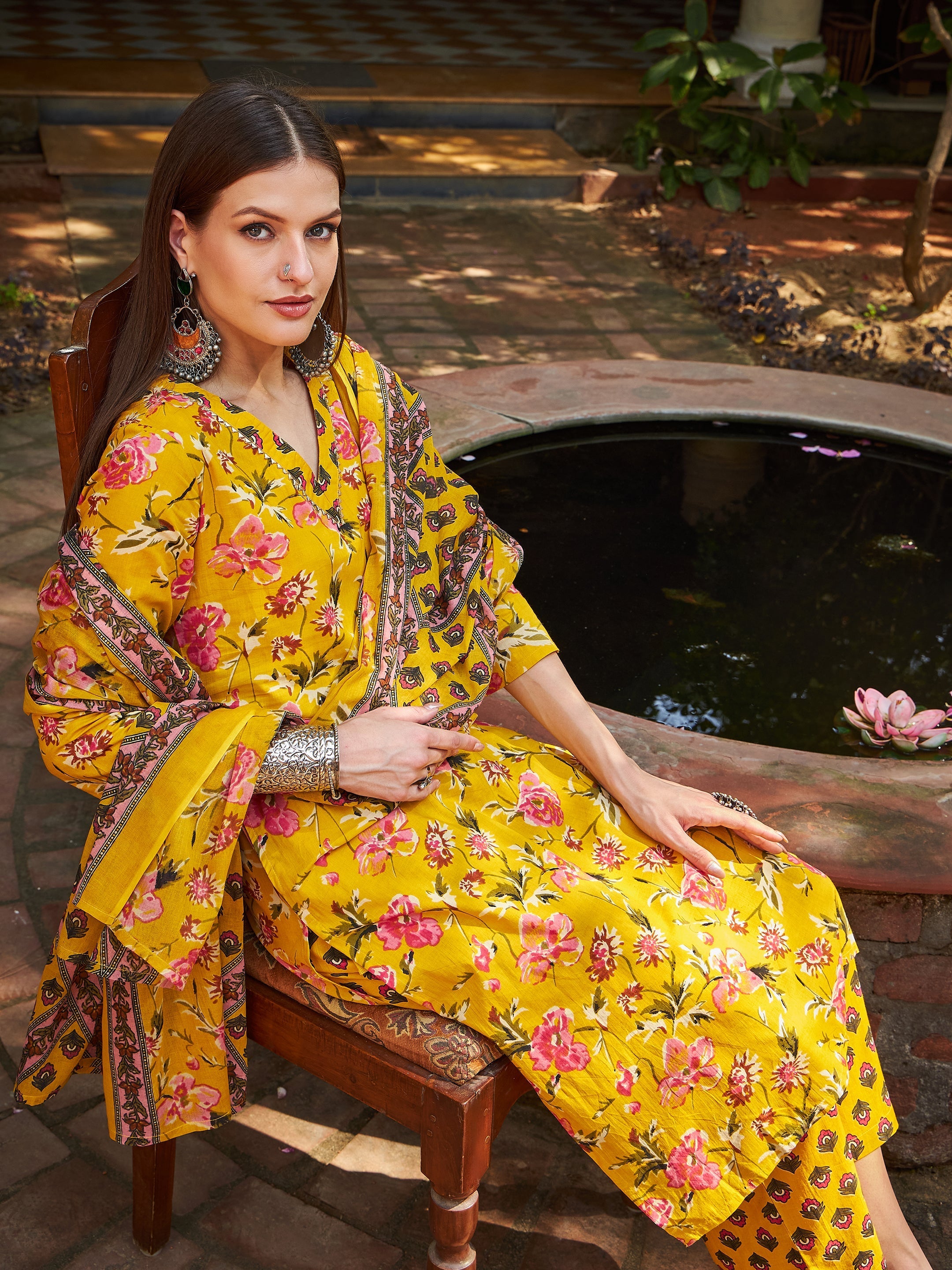 Women Yellow Floral V Neck Kurta With Pencil Pants & Dupatta-SHSET96311