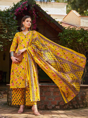 Women Yellow Floral V Neck Kurta With Pencil Pants & Dupatta-SHSET96311