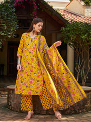 Women Yellow Floral V Neck Kurta With Pencil Pants & Dupatta-SHSET96311