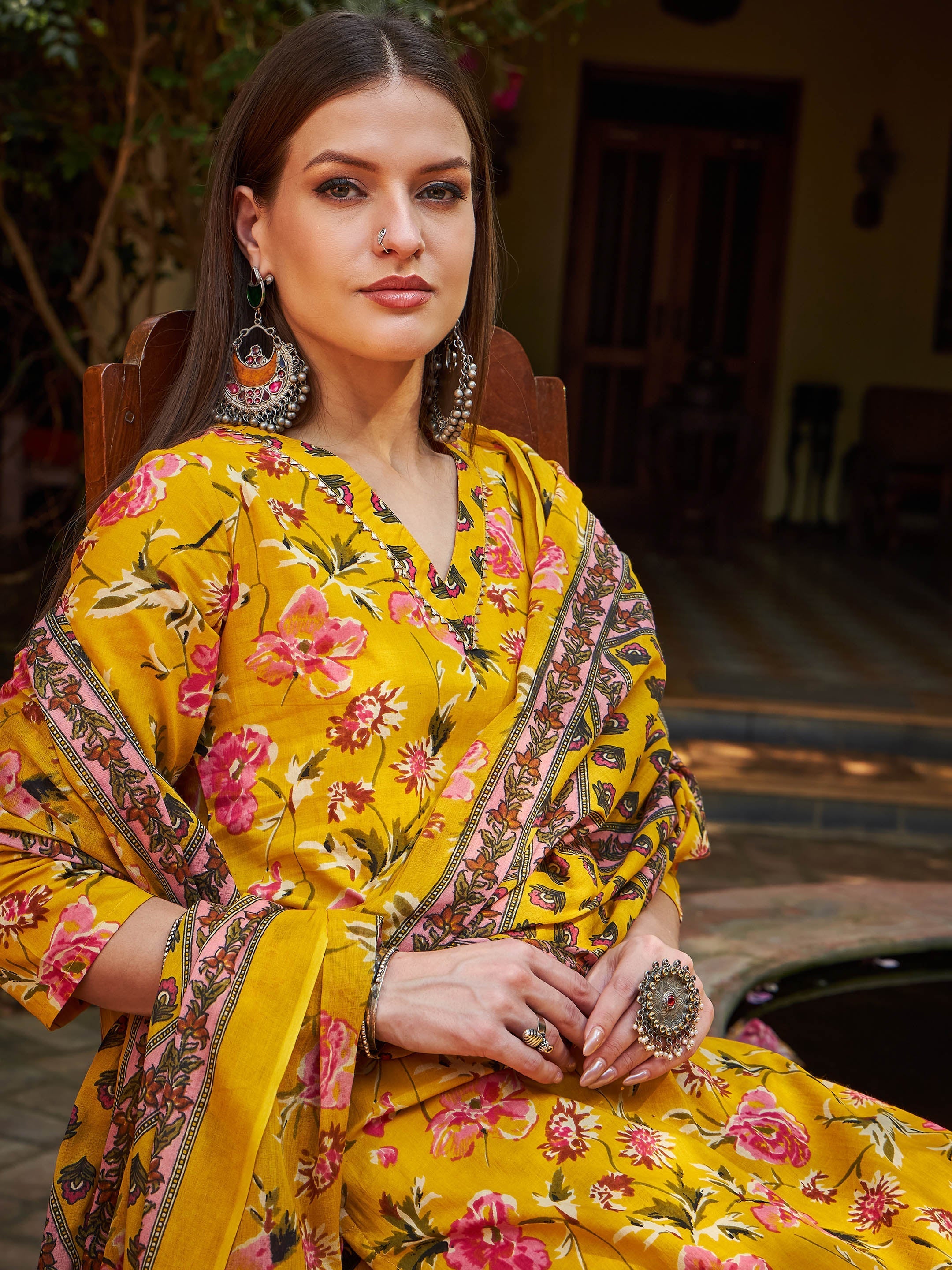 Women Yellow Floral V Neck Kurta With Pencil Pants & Dupatta-SHSET96311
