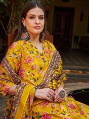 Women Yellow Floral V Neck Kurta With Pencil Pants & Dupatta-SHSET96311