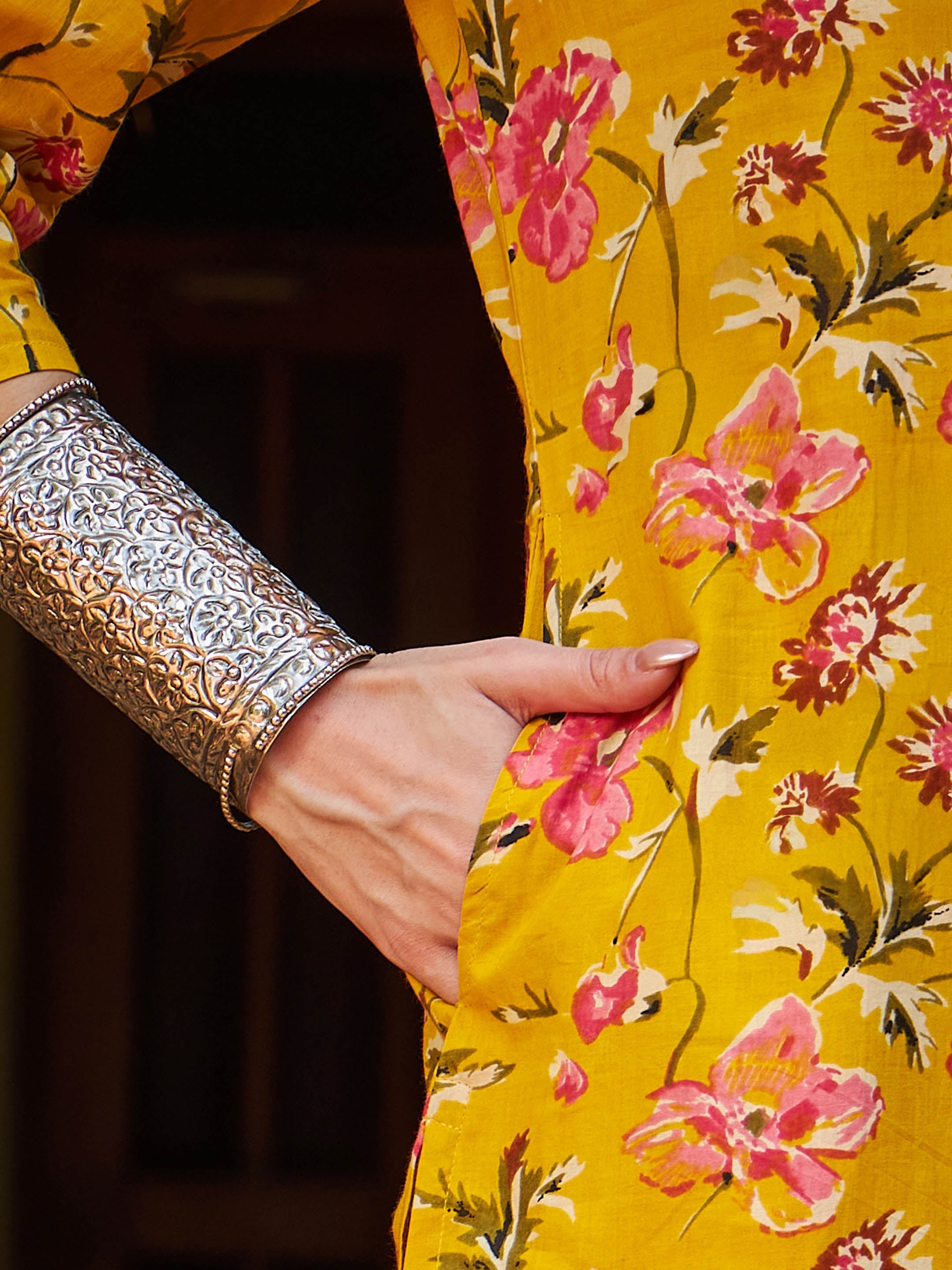 Women Yellow Floral V Neck Kurta With Pencil Pants & Dupatta-SHSET96311