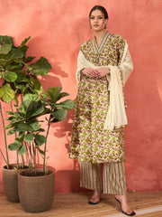 Women Off White & Green Floral Kurta With Pencil Pants & Dupatta-SHSET96314