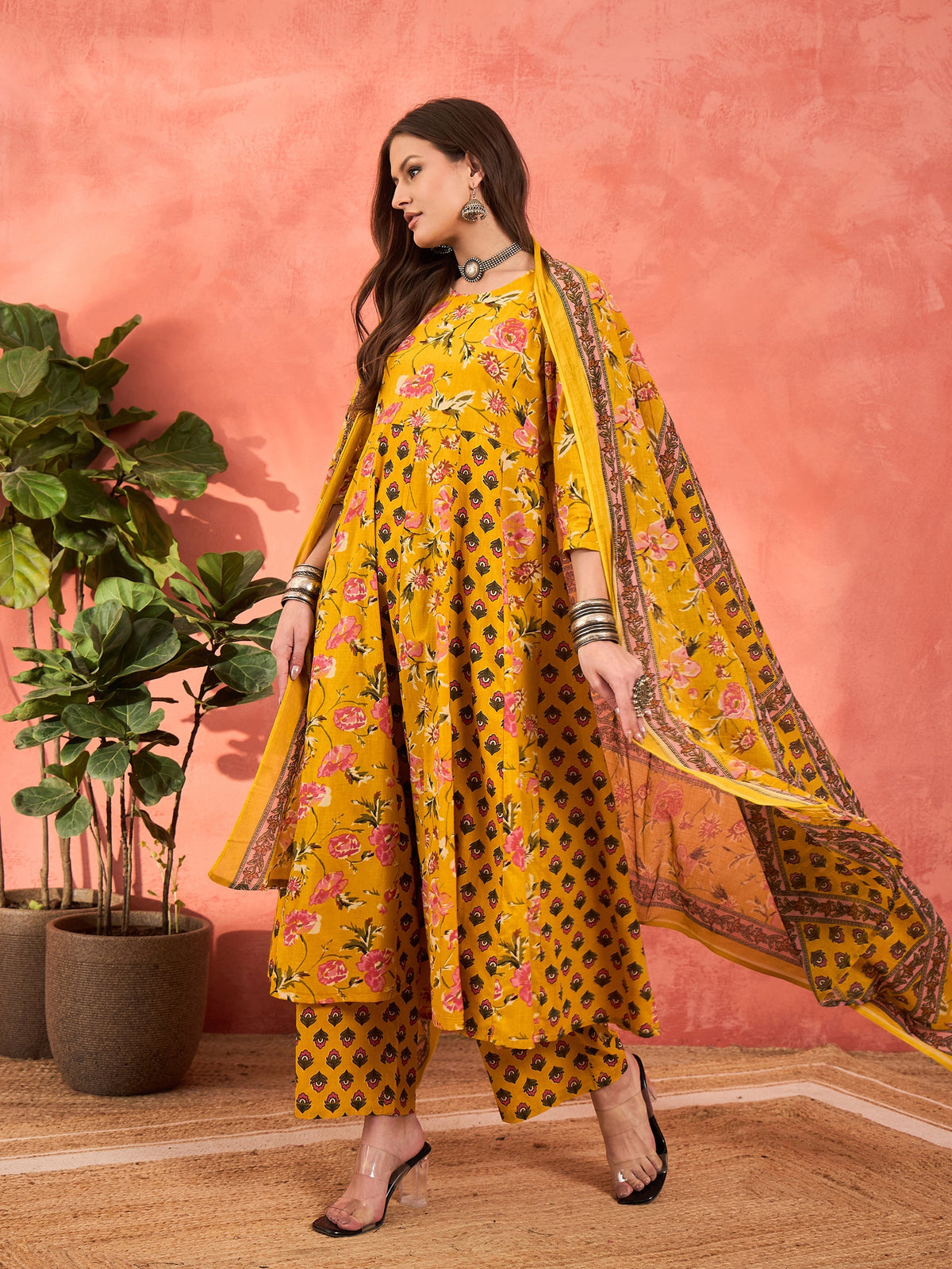 Women Yellow Floral Anarkali Kurta With Pants & Dupatta-SHSET96320