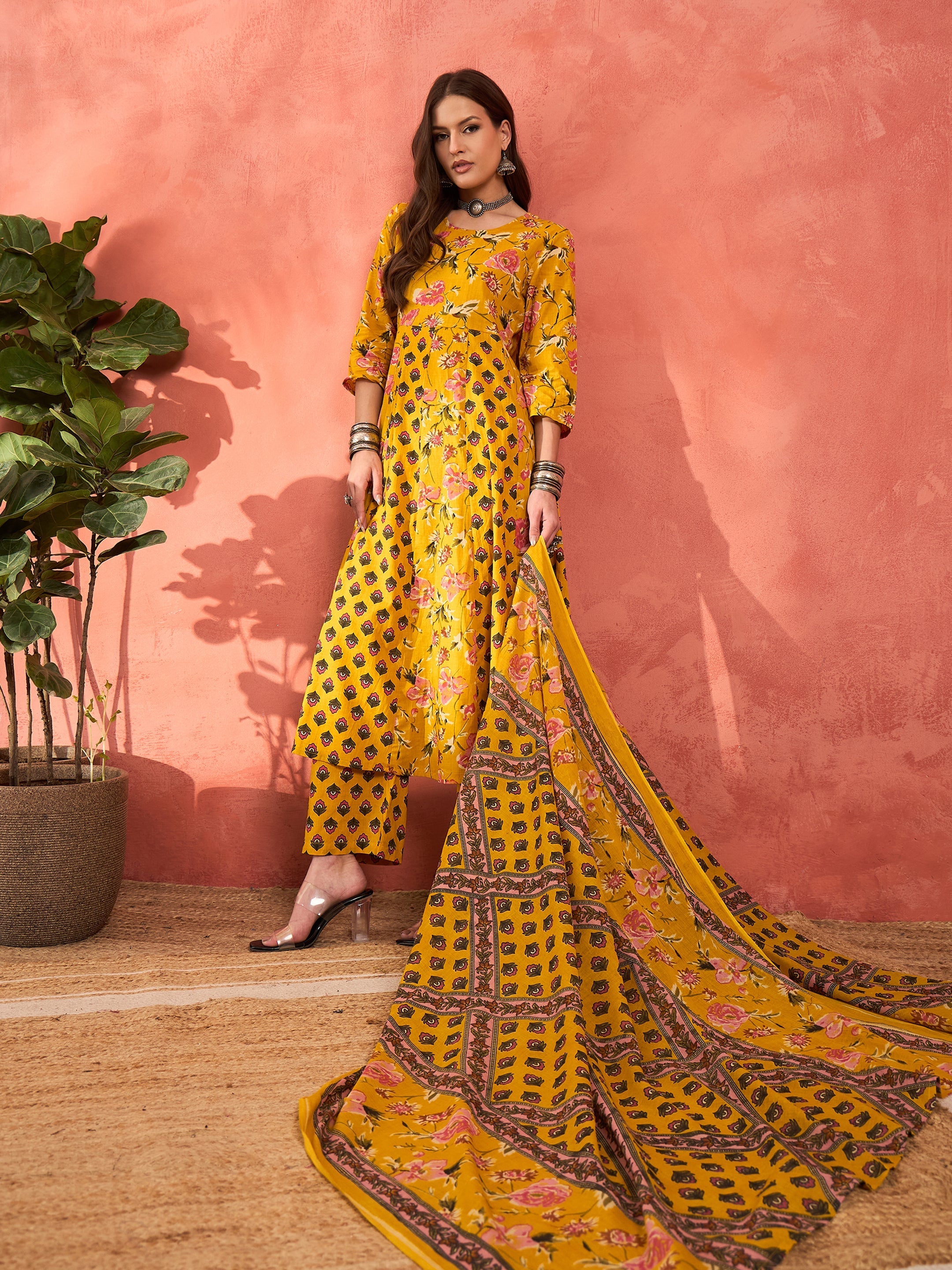 Women Yellow Floral Anarkali Kurta With Pants & Dupatta-SHSET96320