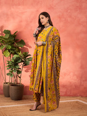 Women Yellow Floral Anarkali Kurta With Pants & Dupatta-SHSET96320