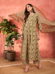 Women Off White & Green Floral Anarkali Kurta With Pencil Pants & Dupatta-SHSET96321